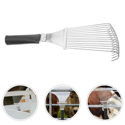 Black stainless steel pet grooming rake comb for dogs and horses on a white background.