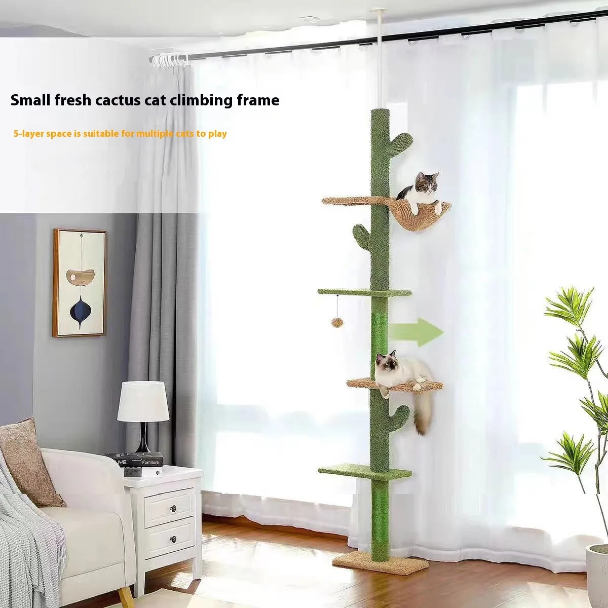 Solid wood cat climbing frame with integrated scratch board and cat nest measuring 240cm tall