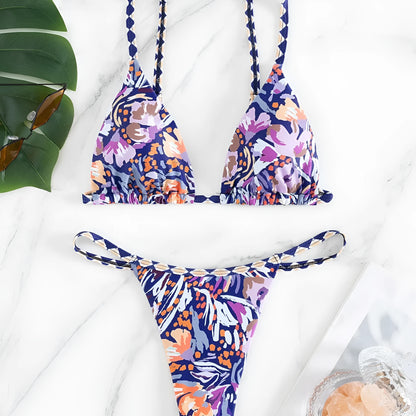 Women's floral print polyester swimsuit briefs with triangle bag design in available sizes