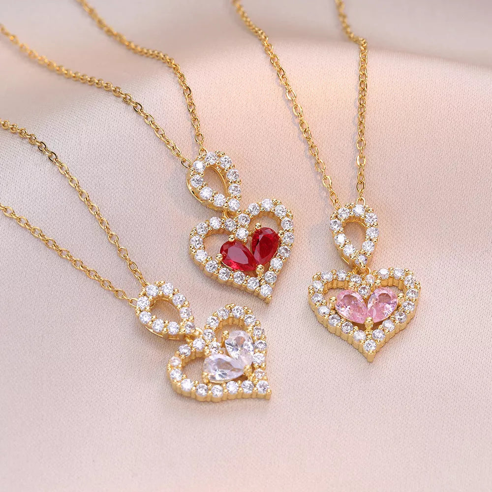 Luxury rhinestone crystal heart pendant necklace for women with mixed gem inlays
