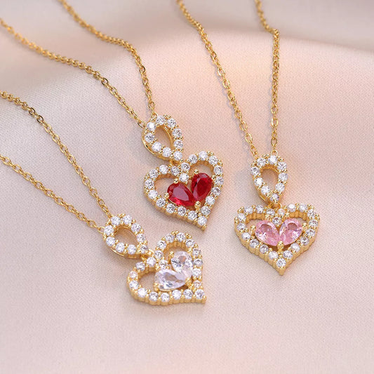Luxury rhinestone crystal heart pendant necklace for women with mixed gem inlays