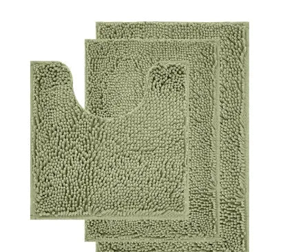 Chenille three-piece bathroom carpet set with U-shaped toilet mat, TPR backing, in green colour variations