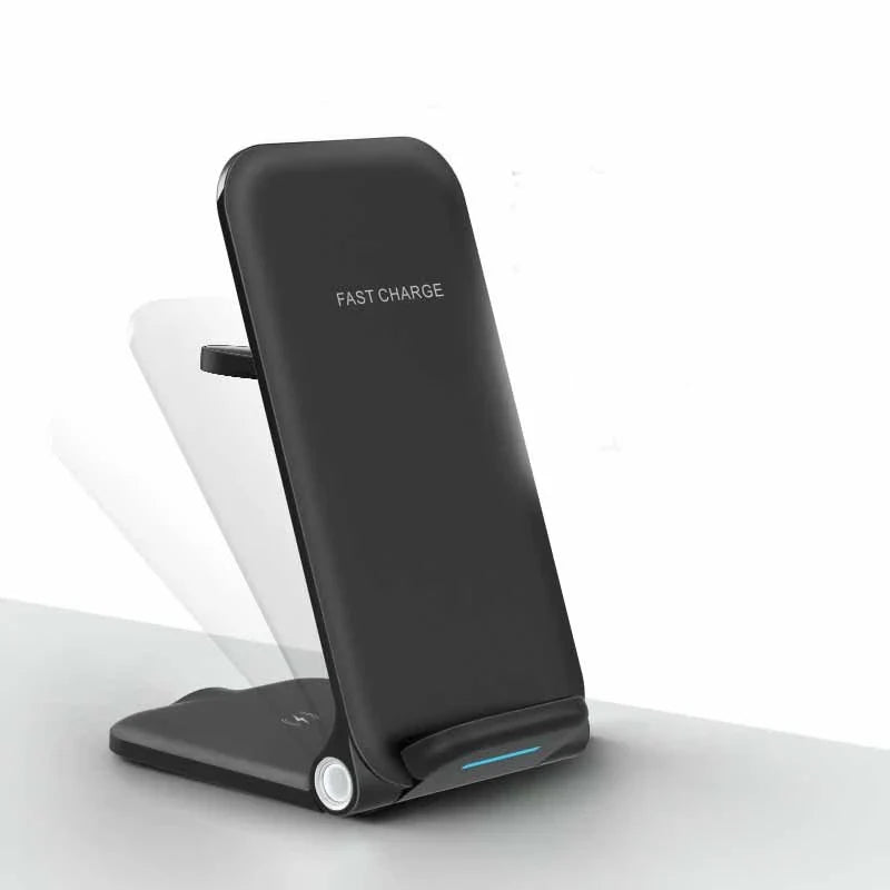 Sleek 3-in-1 wireless charging station with adjustable stand and foldable design for convenient desktop charging