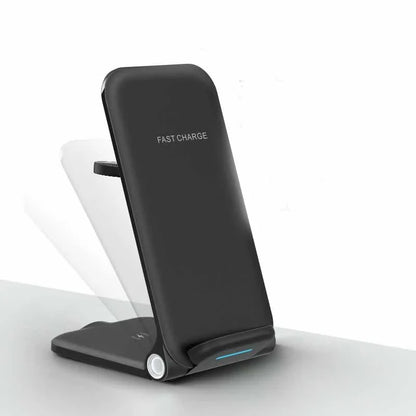 Sleek 3-in-1 wireless charging station with adjustable stand and foldable design for convenient desktop charging
