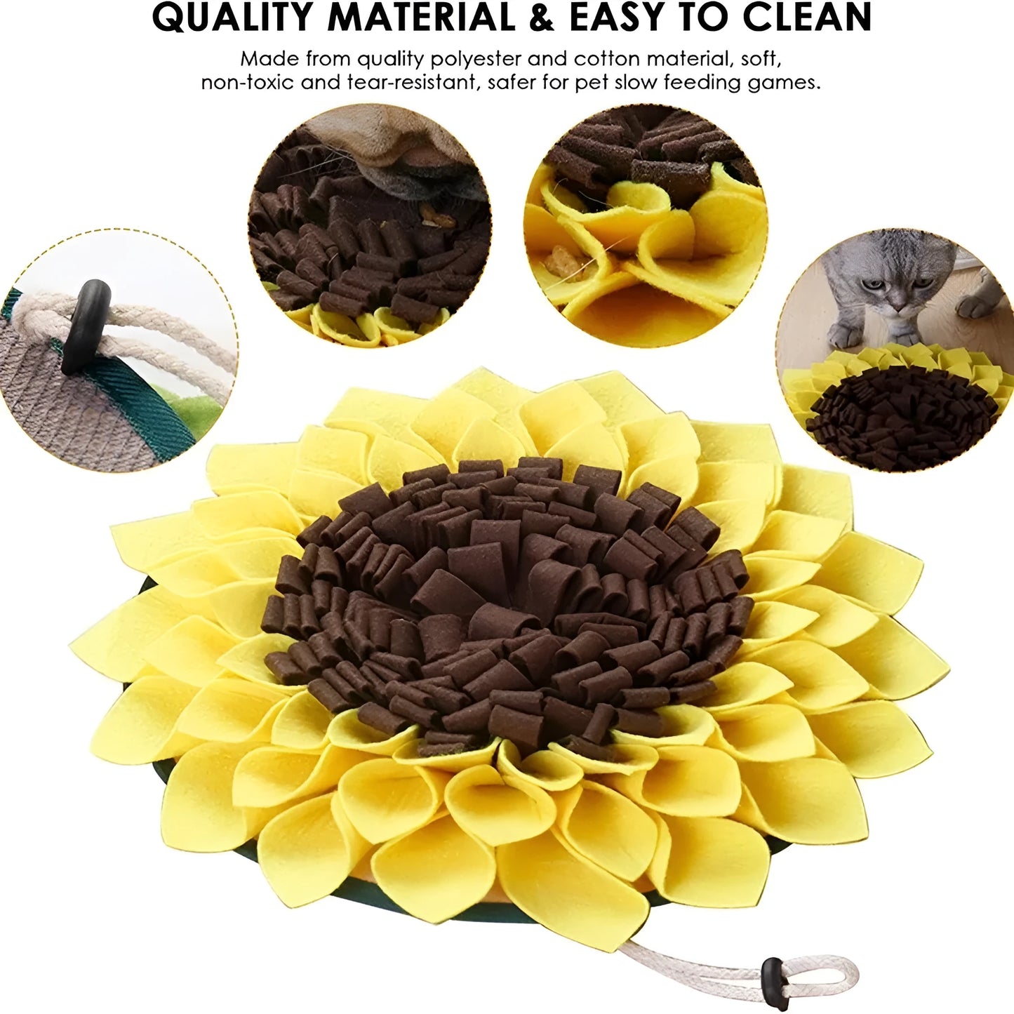 Yellow sunflower-shaped dog snuffle mat for slow feeding and nosework training on a floor.