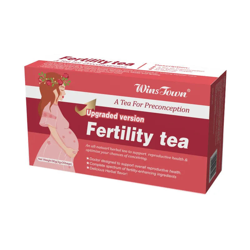 Box of fertility tea containing 330 individual bags organised into 3 packets of 30