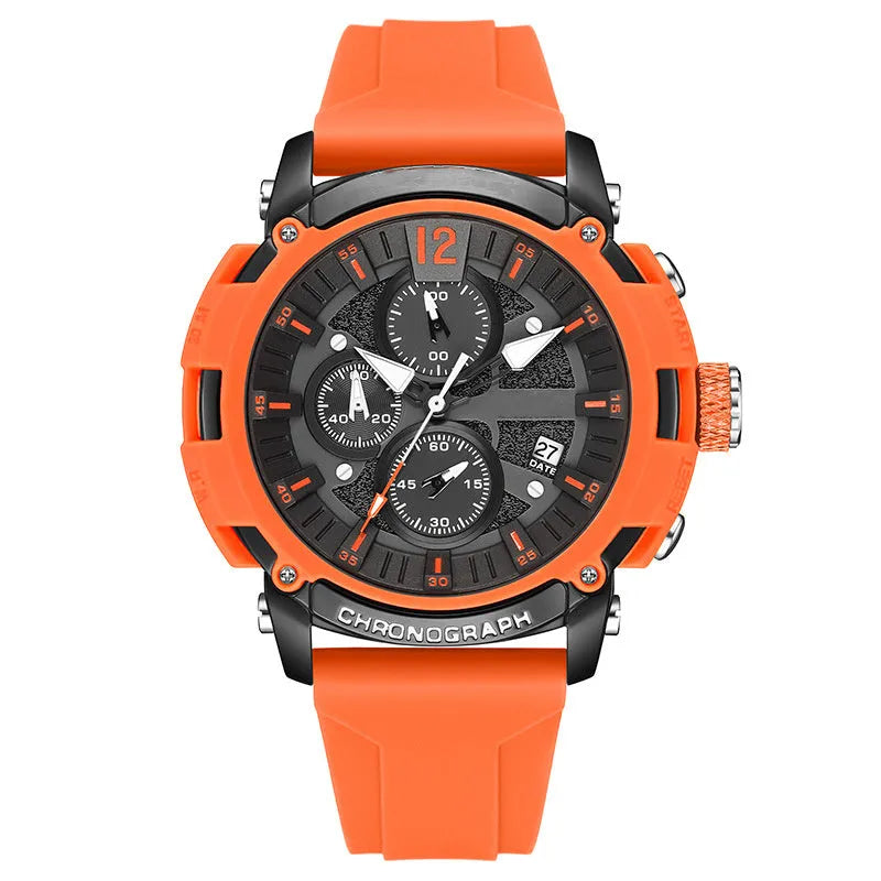 Men's multi-function digital watch with luminous display and calendar on a wrist, showing black colour option.