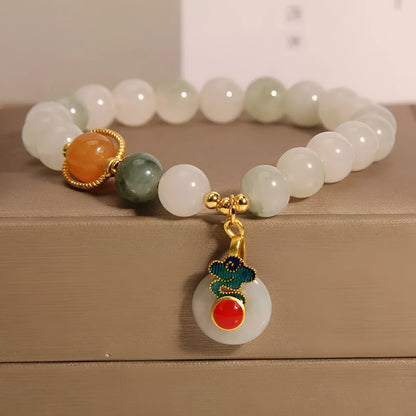 Ice jade crystal bracelet for women with Xiangyun peace jade buckle and pearl accents.