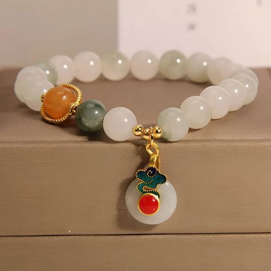 Ice jade crystal bracelet for women with Xiangyun peace jade buckle and pearl accents.