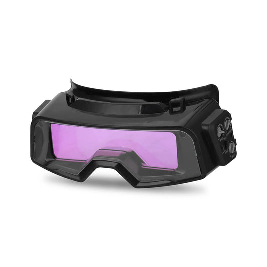 Black automatic welding mask with auto-darkening lens showing 122.5x35mm viewing area and dual sensors