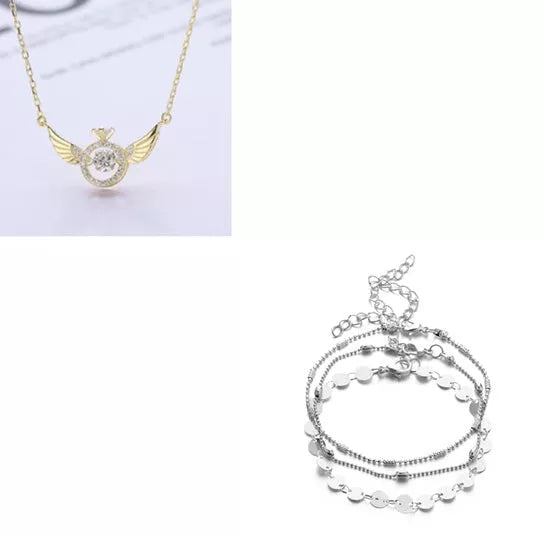 Angel Wings Necklace for women with adjustable water wave chain, available in gold, silver, and rose gold.