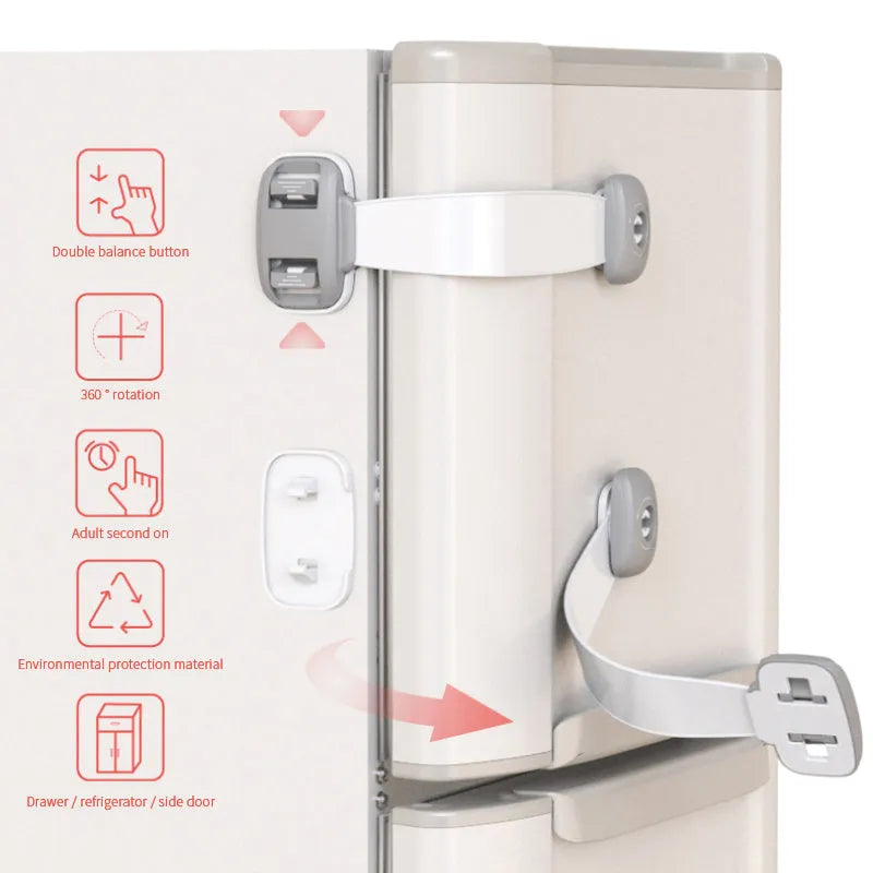 Grey adjustable child safety lock strap with 3M adhesive, shown securing a cabinet door.