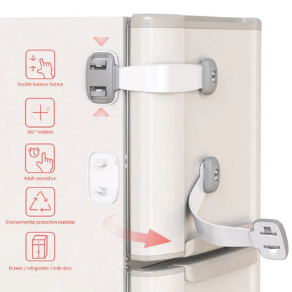 Grey adjustable child safety lock strap with 3M adhesive, shown securing a cabinet door.