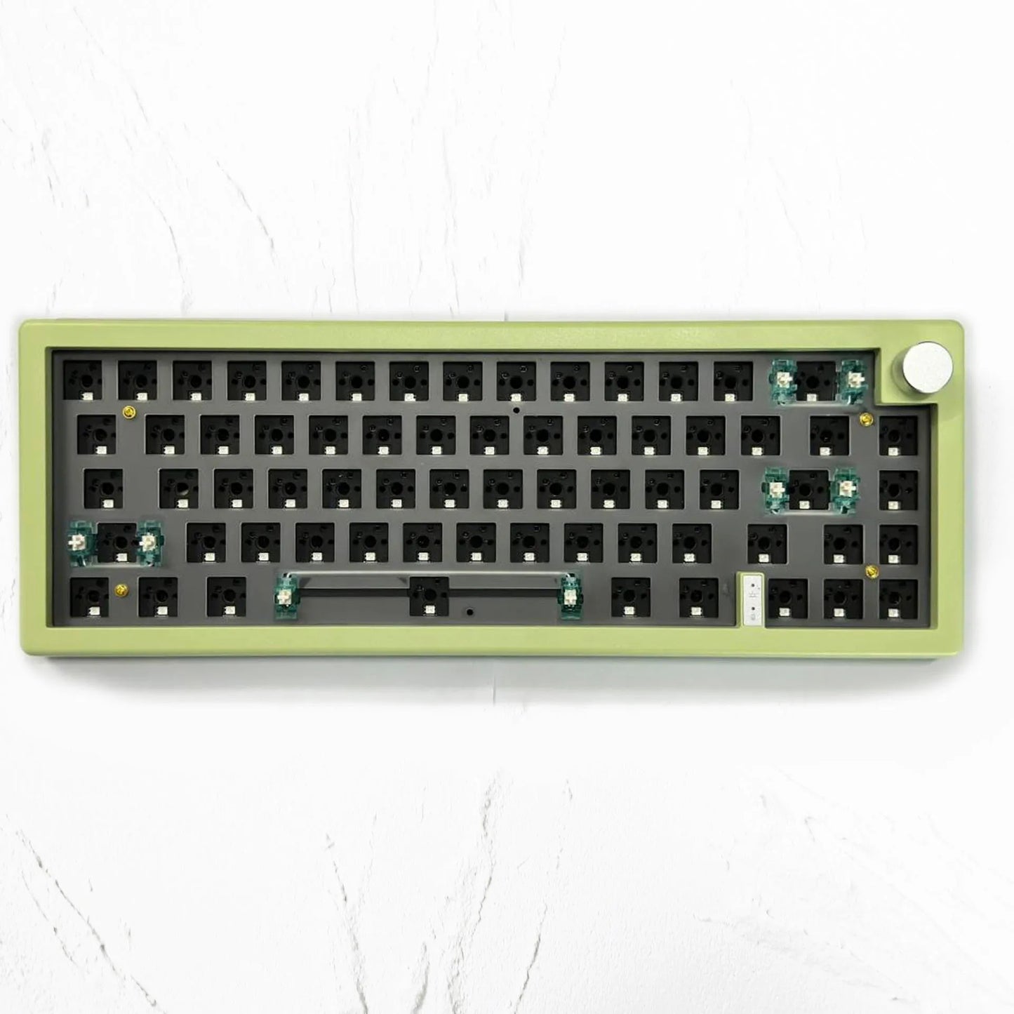 Customisable DIY mechanical keyboard kit with RGB backlighting and control knob, shown in multiple colour options