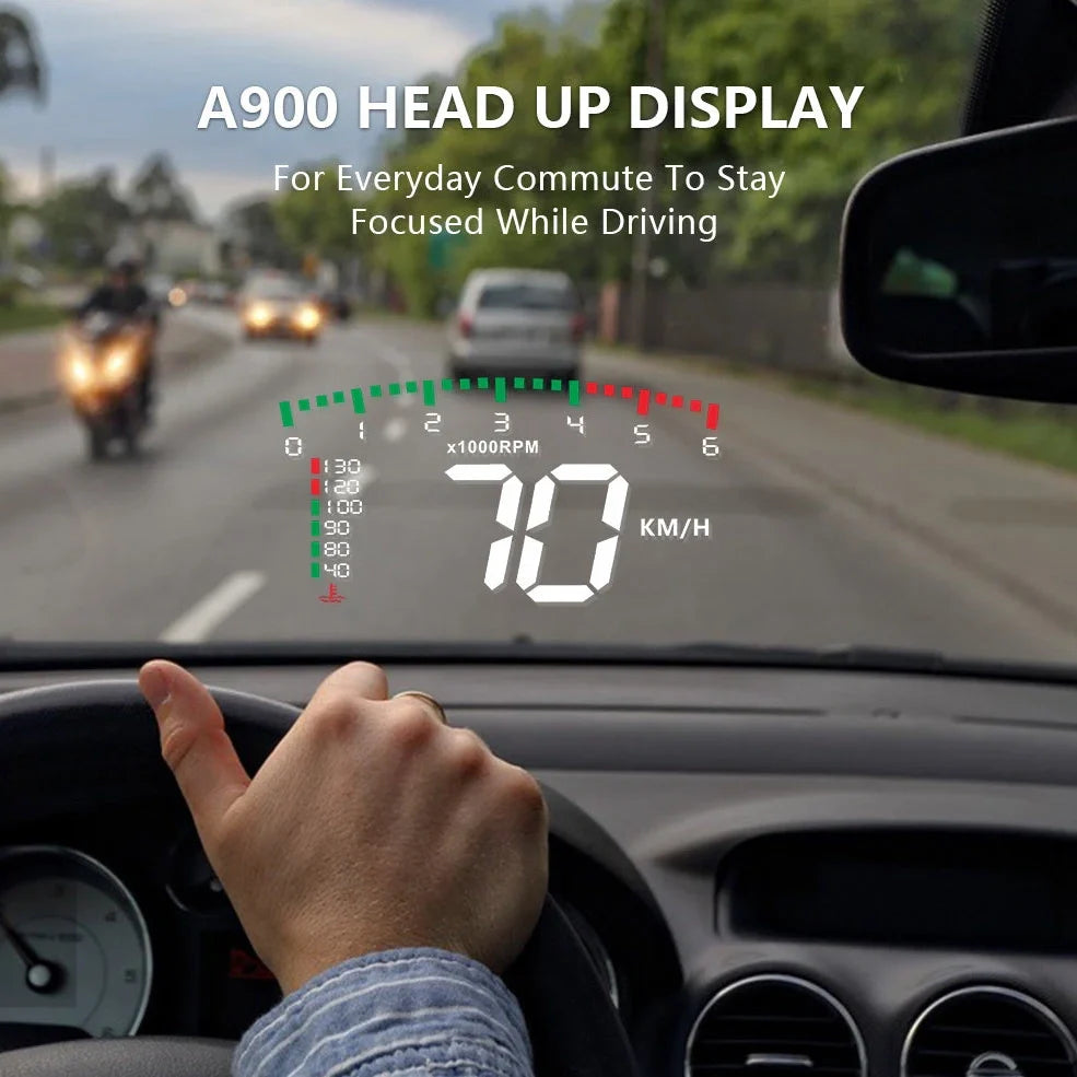 Automotive HUD display with 3.5-inch LED screen showing speed projection on vehicle windscreen