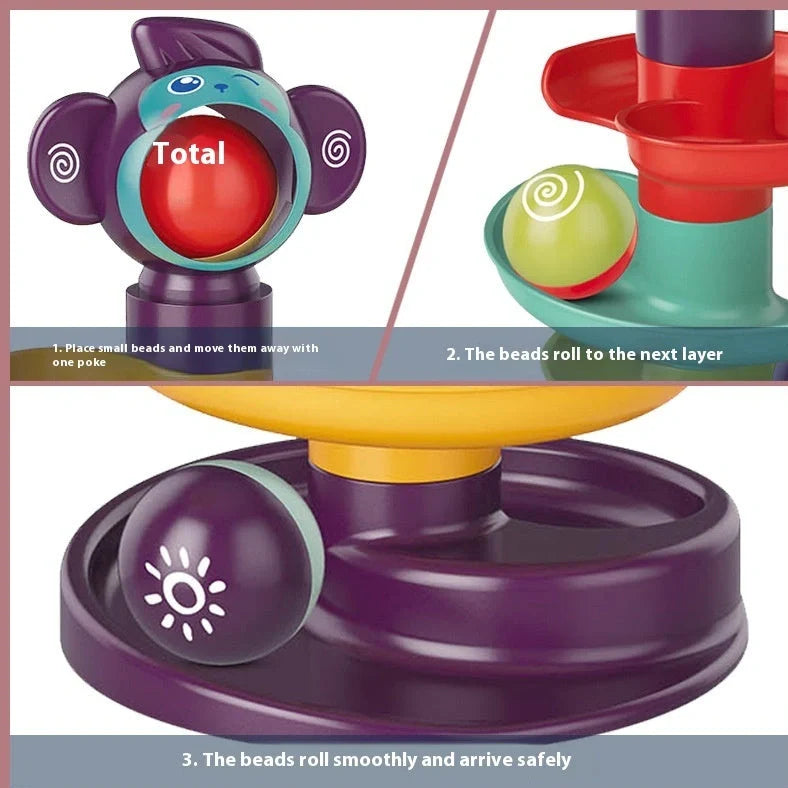 Children's railway Jenga building blocks with slide rotating table packaging showing music functions and 28cm measurement