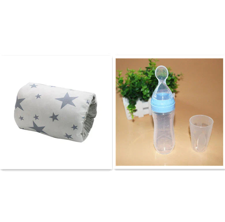 Adjustable cotton nursing pillow with various colorful designs, providing comfort and support for breastfeeding and bottle-feeding