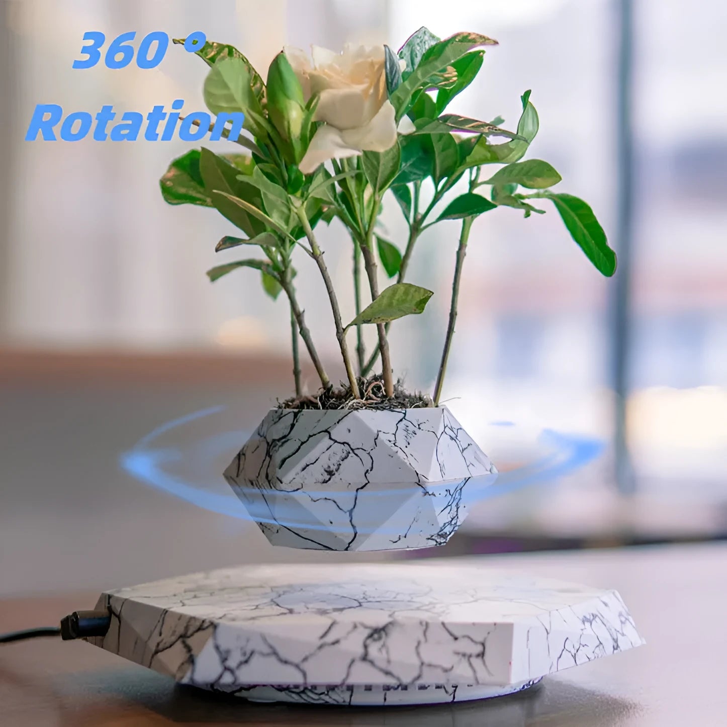 Marbling colour magnetic levitating plant pot floating above base with small plant inside