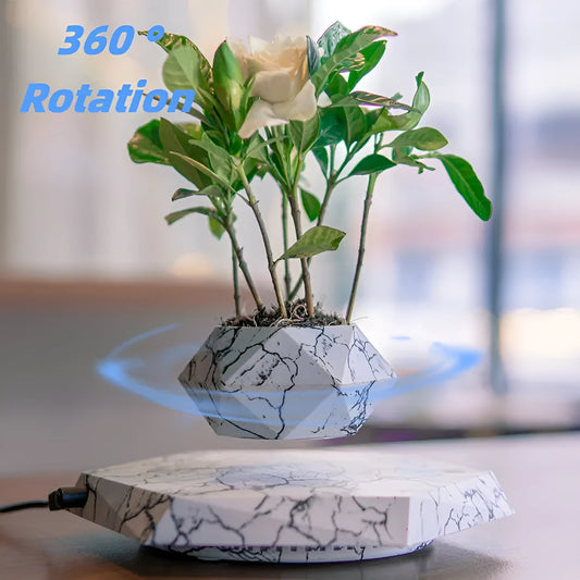 Marbling colour magnetic levitating plant pot floating above base with small plant inside