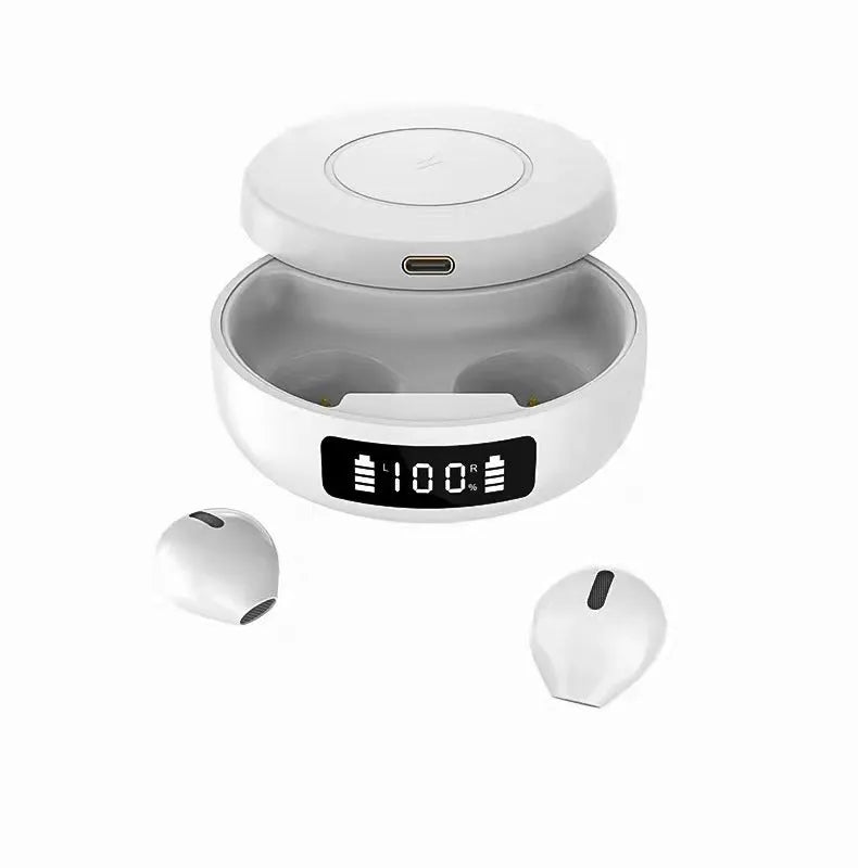 Mini small semi-in-ear wireless headphones with charging compartment, showing black and white colour options