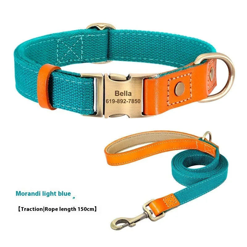 Small dog mohair collar and matching leash in muted green colour with lettering.
