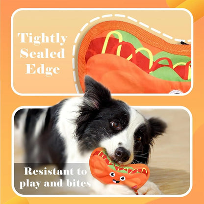 Food-themed crinkle and squeak dog toy in hamburger design for interactive play