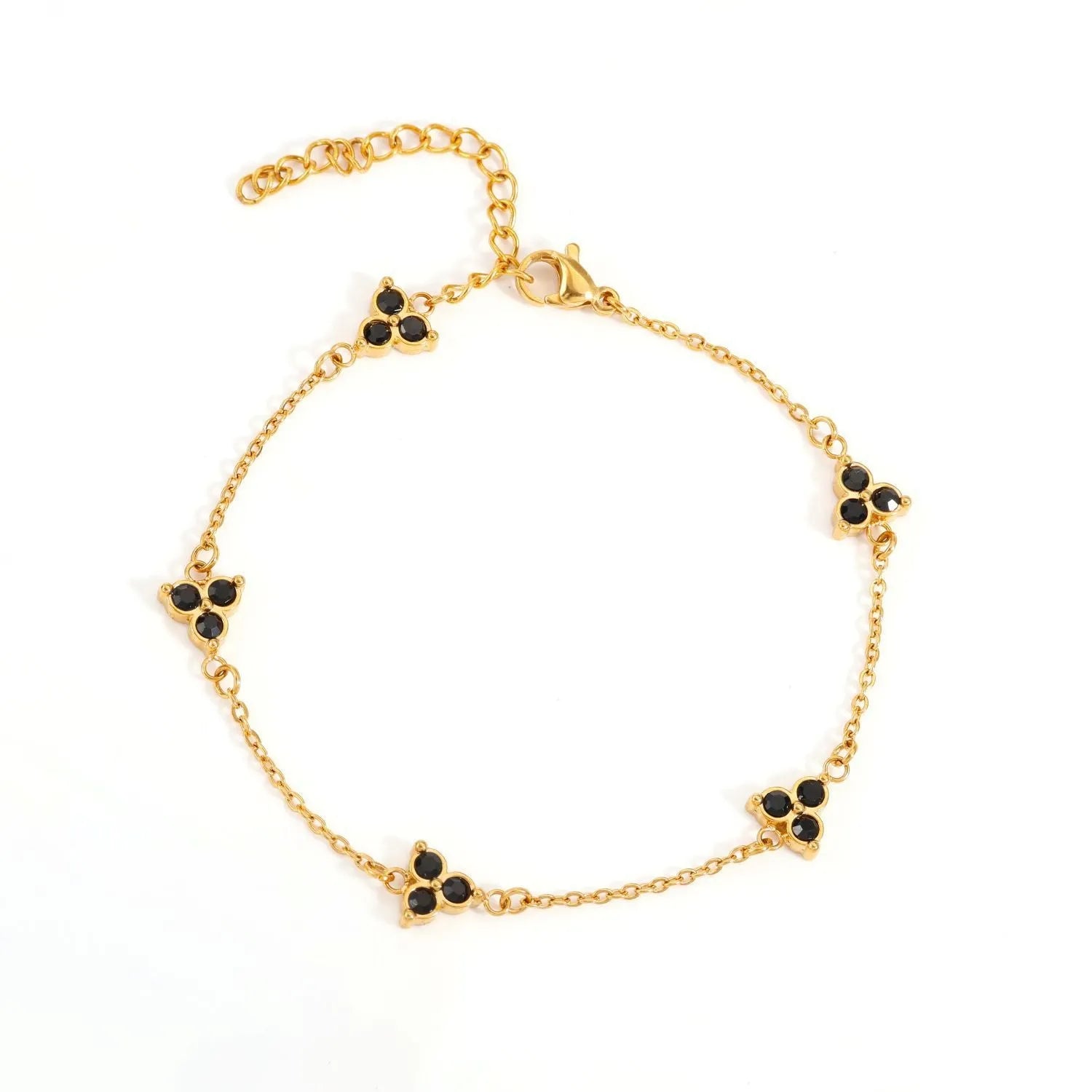Women's stainless steel bracelet with three triangle-shaped charms in different coloured stone settings