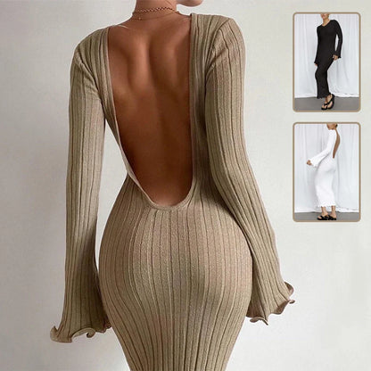 Elegant long-sleeve knitted maxi dress for women in khaki, black, and white