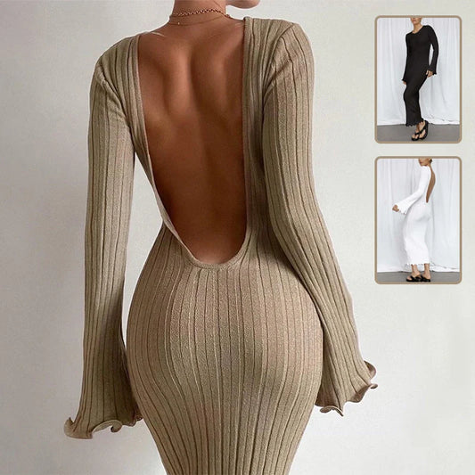 Elegant long-sleeve knitted maxi dress for women in khaki, black, and white
