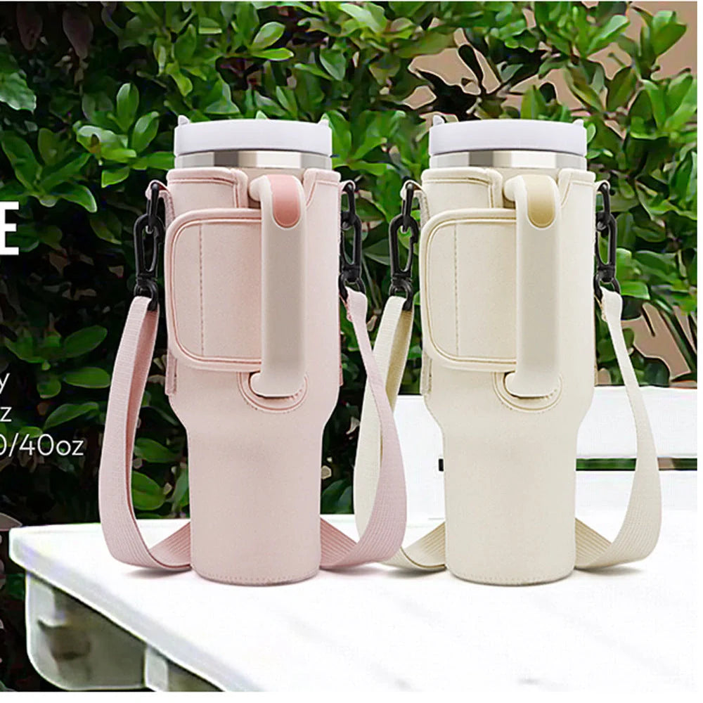Portable insulated beverage cup cover made of durable cloth material in black, pink, and apricot colors for outdoor use