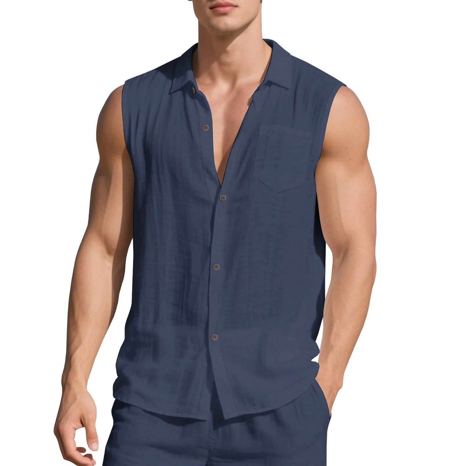 Loose-fit sleeveless linen cardigan vest with a polo collar in a solid colour on a hanger.