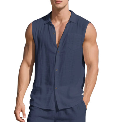 Loose-fit sleeveless linen cardigan vest with a polo collar in a solid colour on a hanger.