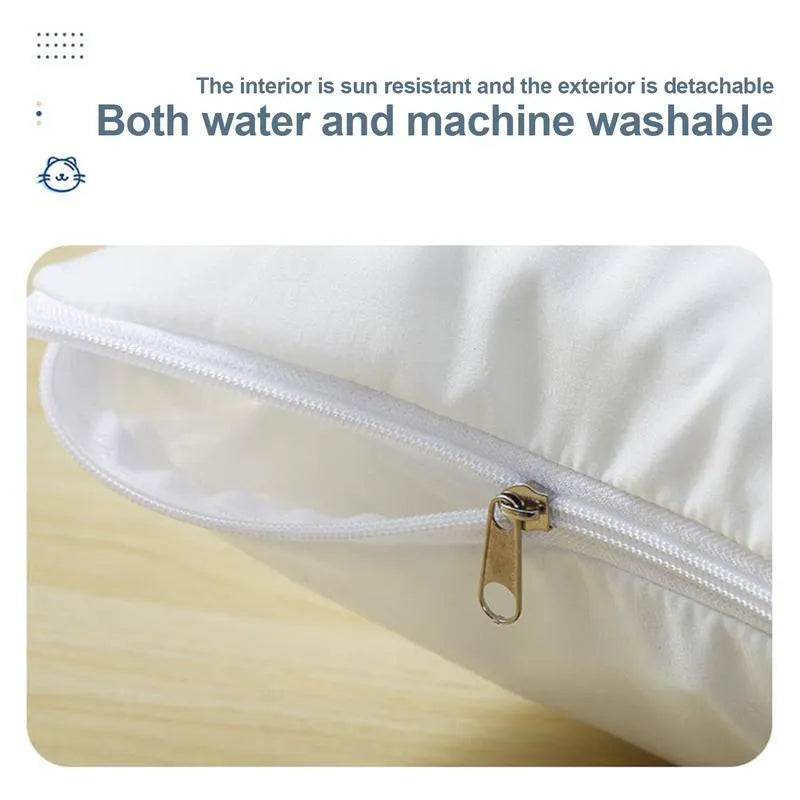 Removable winter sleeping bag bed for cats and dogs with pillow, shown in multiple sizes.