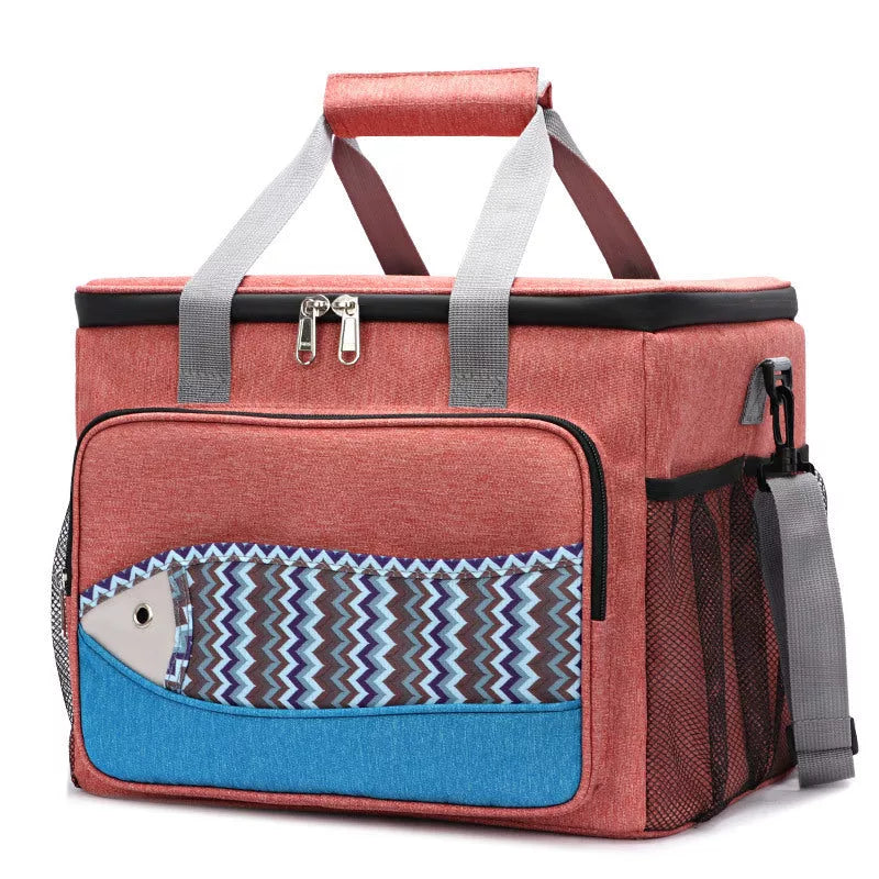 Fish pattern insulated cooler bag in various colors, perfect for outdoor picnics and lunches