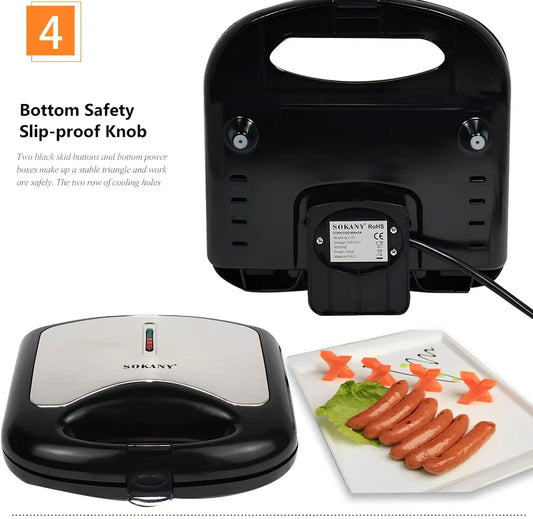 Black hot dog roasting machine with non-stick cooking surface and UK electrical plug