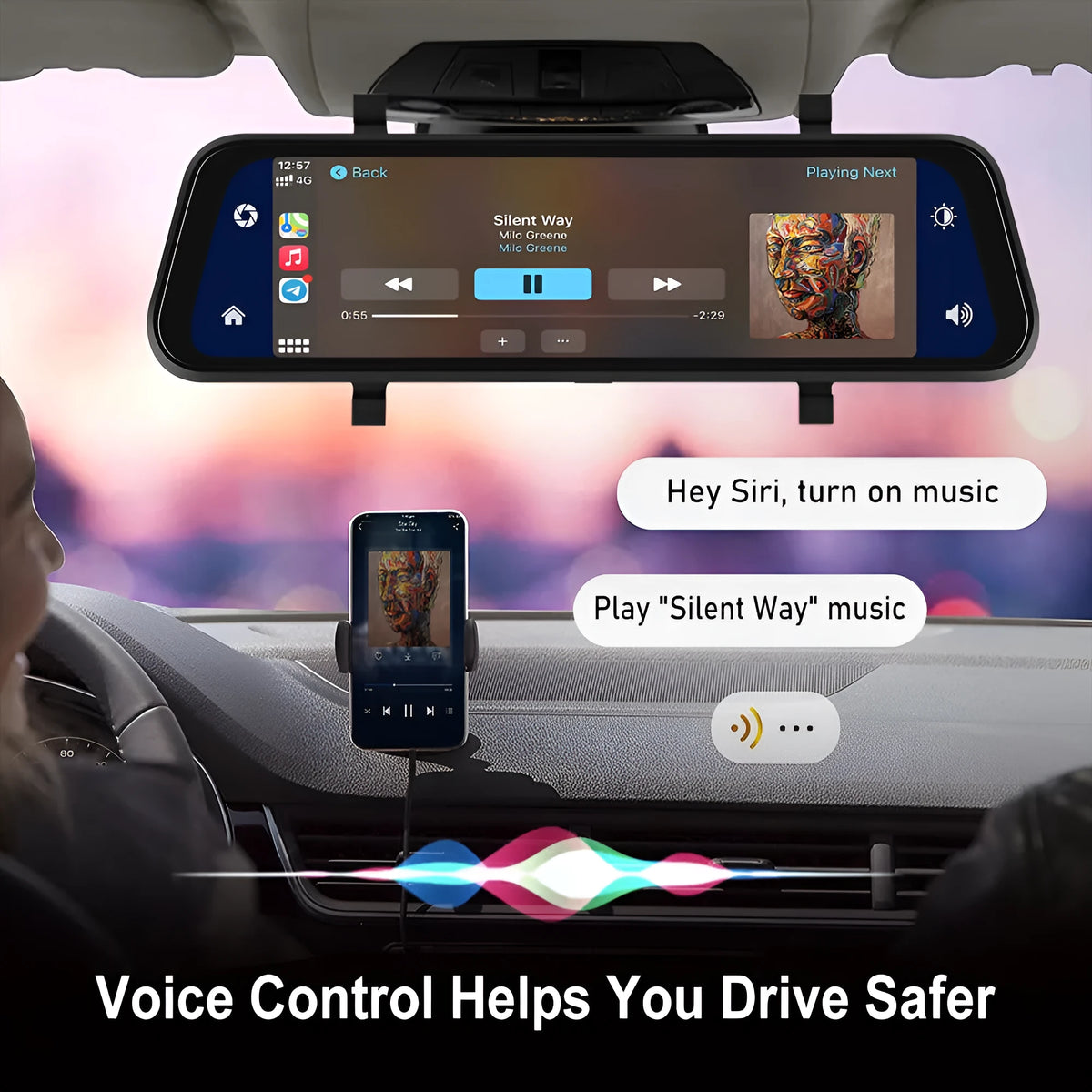 9.66-inch car dash cam mirror with touch screen displaying CarPlay interface and recording function