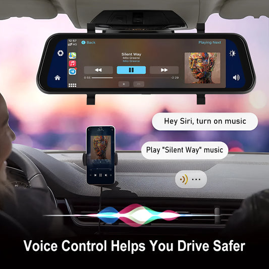 9.66-inch car dash cam mirror with touch screen displaying CarPlay interface and recording function
