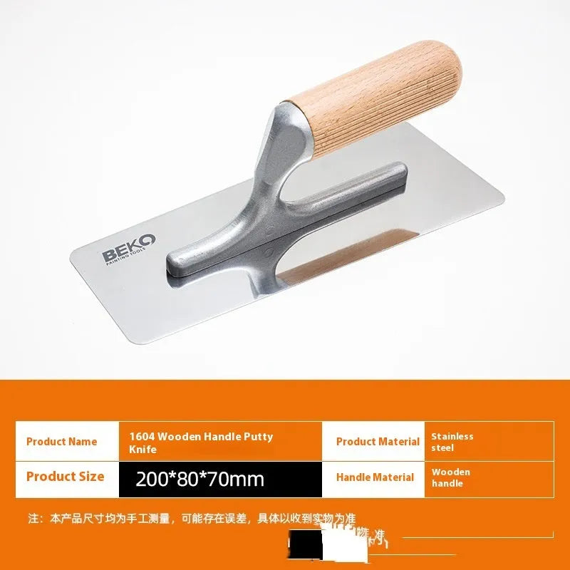 Stainless steel putty scraper with a wooden handle, shown with different blade size options for floor and wall work.