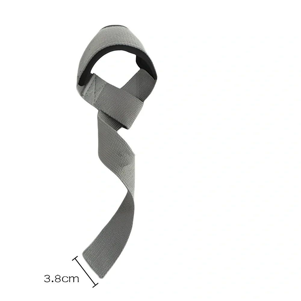 Pair of grey weightlifting straps with 5cm width wrapped around barbell