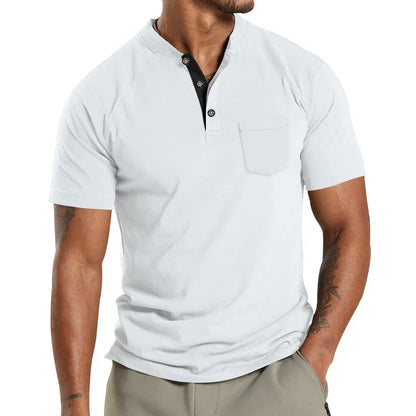 A man wearing a plus size solid colour short sleeve polyester shirt with a button chest pocket.