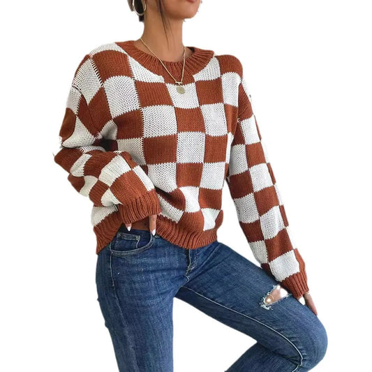 Dark brown plaid pullover sweater with acrylic fabric, loose round neck, and long sleeves in Japanese Korean casual style