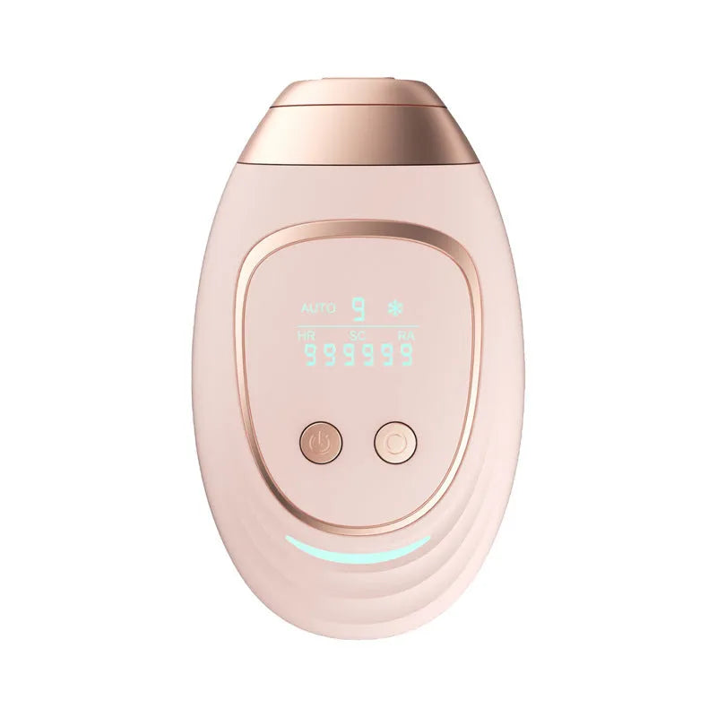 Pink and white laser hair removal device with ice-sensing technology, shaver attachment, and protective glasses