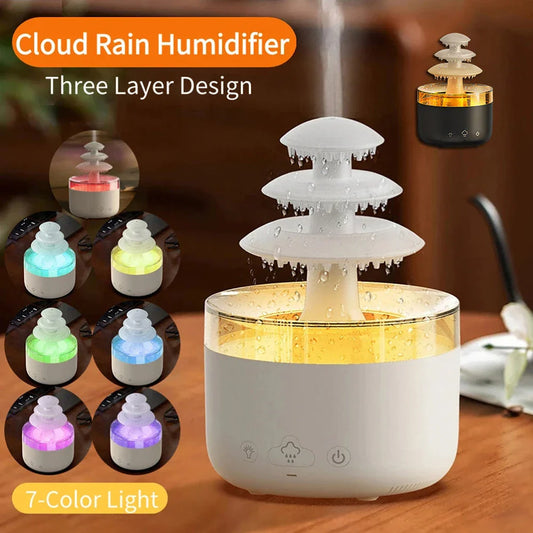 Soothing Raincloud Humidifier with ultrasonic mist, essential oil diffuser, and color-changing lights for relaxation and wellness