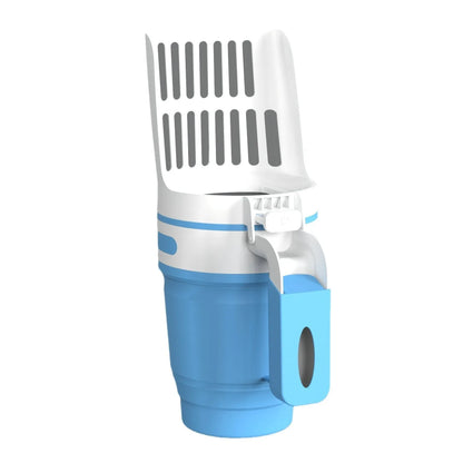 Grey cat litter scoop with attached waste collection bin and sheltered lid.
