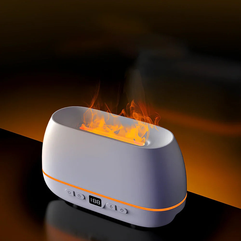 White 3D flame humidifier with 200ml tank, measuring 226mm by 127mm by 87mm, showing colourful flame effect lighting
