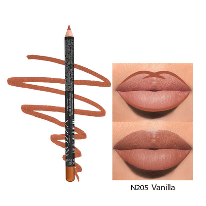 Matte lip liner pencil in wooden casing shown in shade range 201-214 on a white background