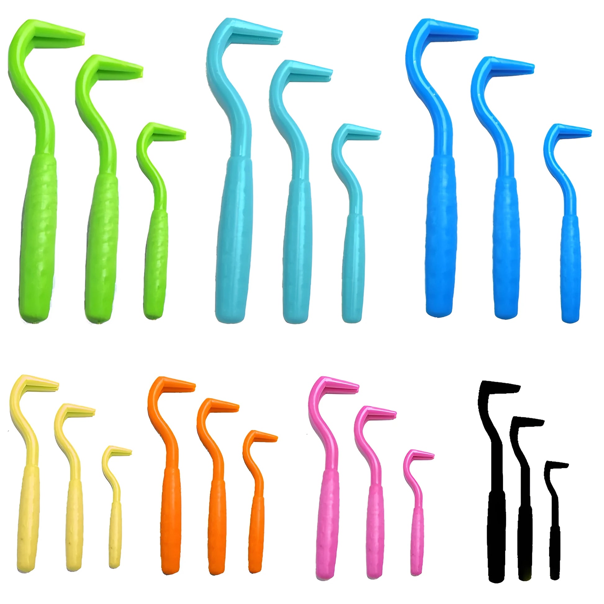 Set of three coloured tick hook removal tools for dogs on a white background.