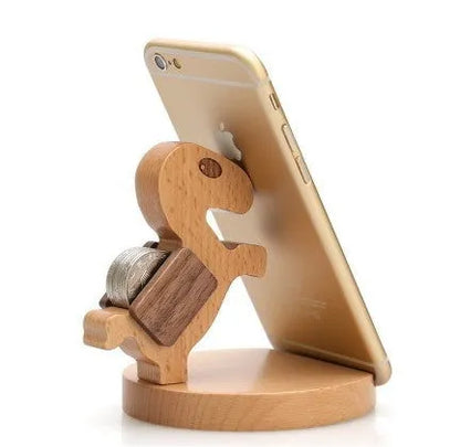 Beech wood mobile phone holder with coin slot showing adjustable angle and resin decorative elements