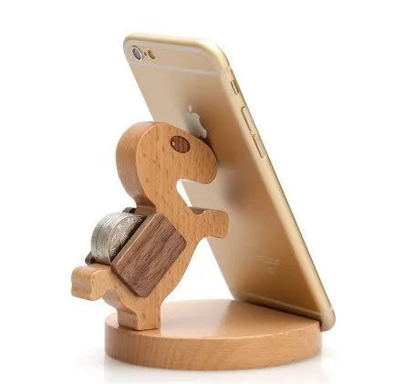 Beech wood mobile phone holder with coin slot showing adjustable angle and resin decorative elements