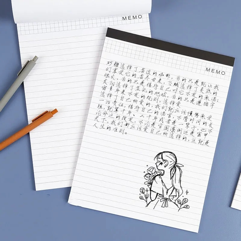 A4 tearable notebook with grid-lined pages and wireless adhesive binding for clean page removal